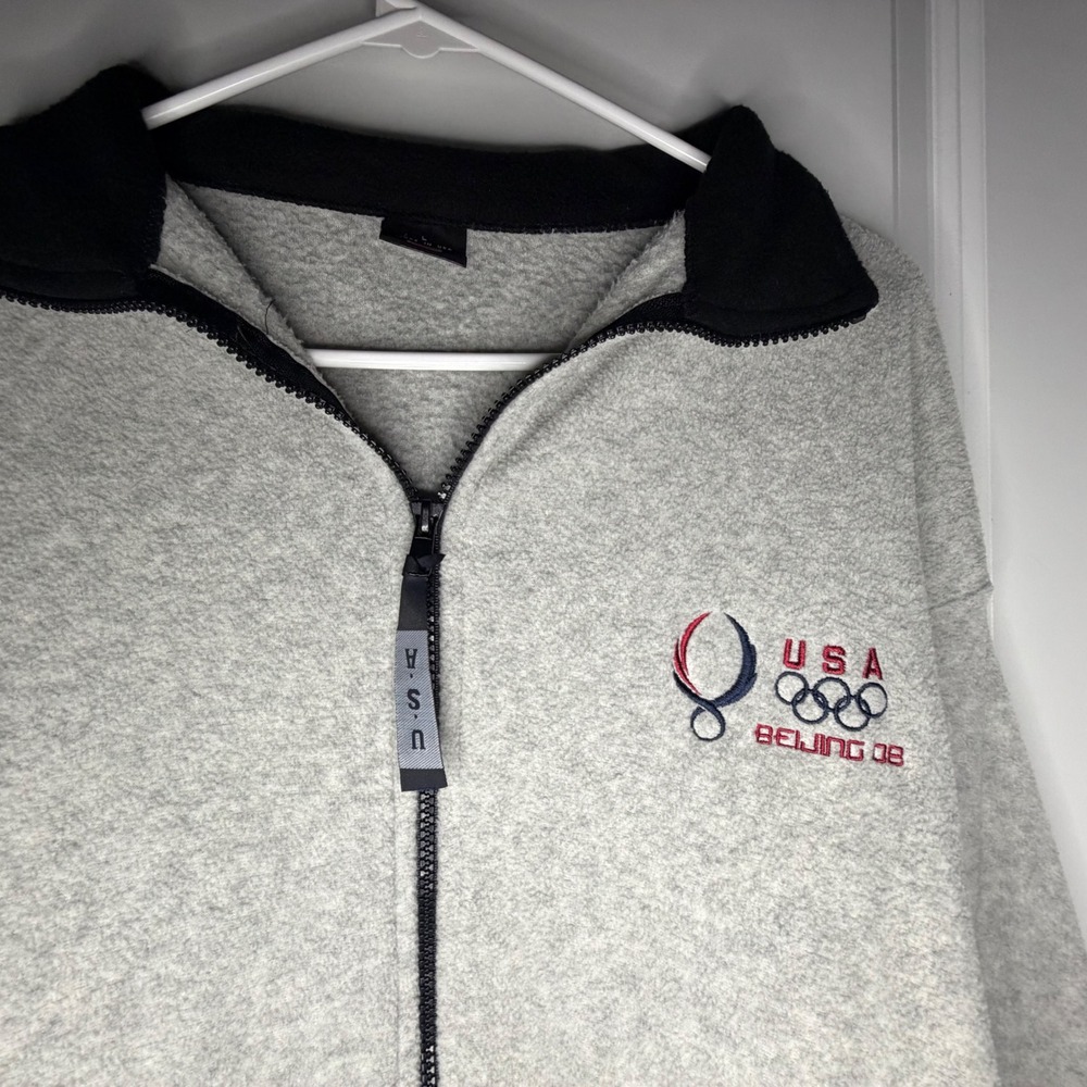 USA Olympics Beijing 2008 Embroidered Fleece Jacket Mens Large Grey Full Zip